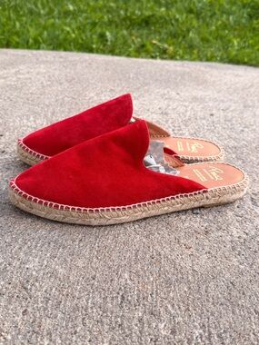 Pinaz Red Suede Espadrille Mules - Women's Slip-On Slides